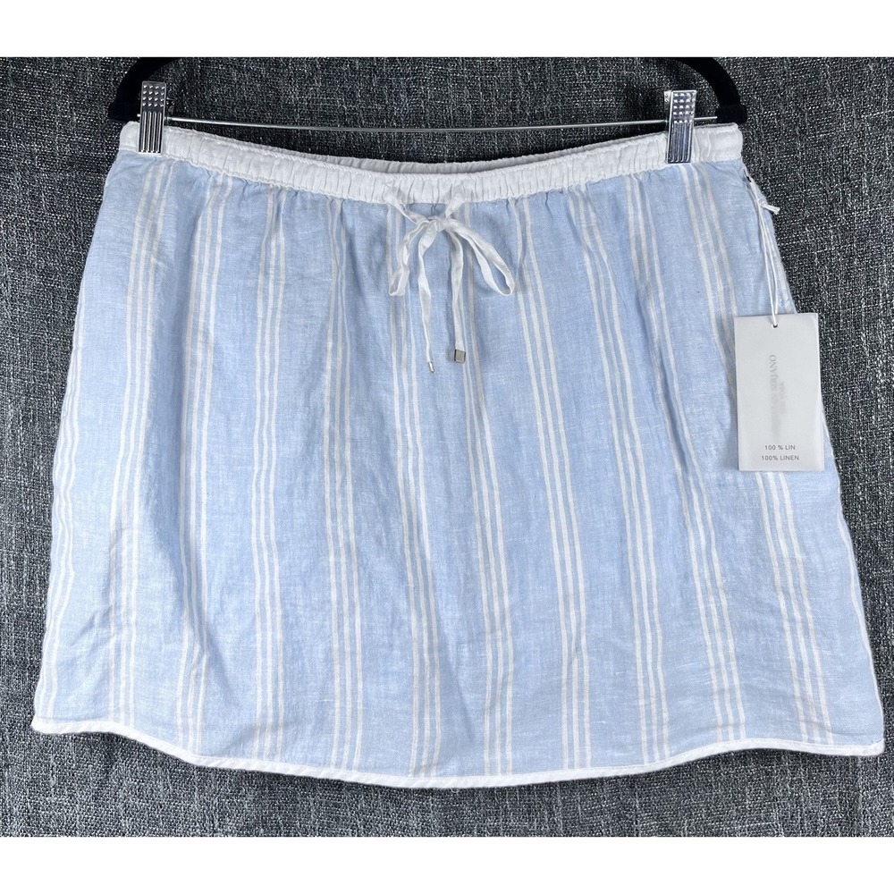 NWT Christian Siriano Sz L Skort 100% Linen Skirt Blue White Striped Drawstring
